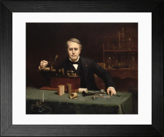 Framed Print : Thomas Alva Edison, 1890, by Abraham Archibald Anderson, oil on canvas. Edison is in his laboratory with his early gramophone (BSLOC_2019_8_134)
