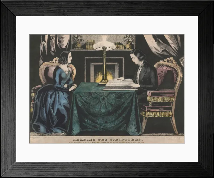 Framed Print : Popular print shows a couple engaged in Bible reading at home, by Nathaniel made to appeal to the piety of antebellum America Framed Print : Popular print shows a couple engaged in Bible reading at home, by Nathaniel made to appeal to the piety of antebellum America