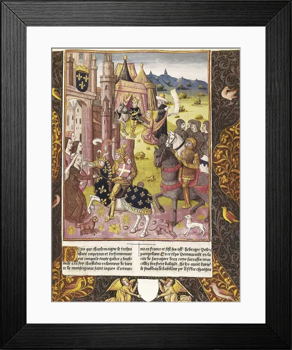 Framed Print : Allegory of Charlemagne's reign. Illustration of 'Grandes Chroniques de France', edition by Antoine Verard (15th century). ITALY. Turin Framed Print : Allegory of Charlemagne's reign. Illustration of 'Grandes Chroniques de France', edition by Antoine Verard (15th century). ITALY. Turin