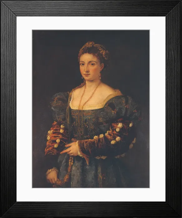 Framed Print : Portrait of a Noblewoman, or La Bella, by Tiziano Vecellio known as Titian, 1536 - 1538 about, 16th Century, oil on canvas, cm 89 x 75 - Italy, Tuscany, Florence, Palazzo Pitti