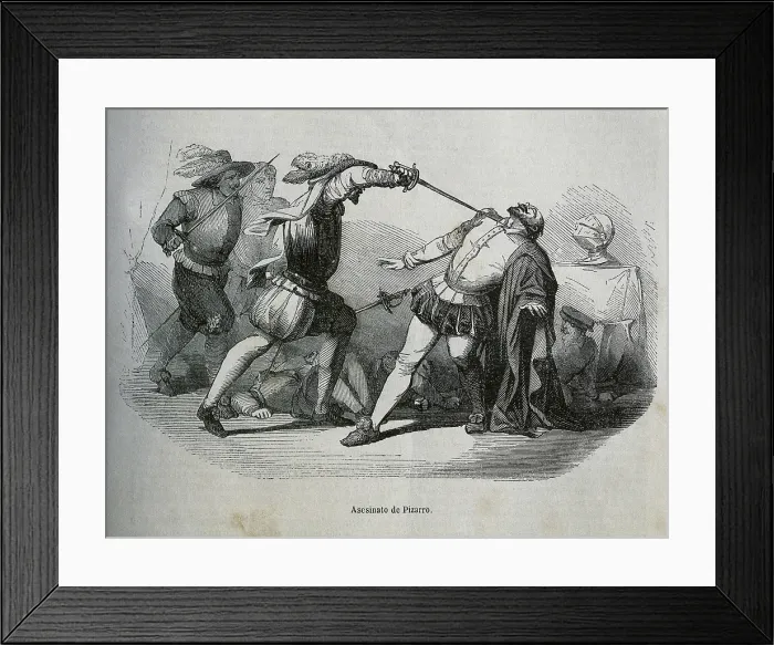 Framed Print : PIZARRO, Francisco (1476-1541). Spanish military man, conqueror of Peru. Pizarro's death by Almagrists at his palace in Lima, on the 26th June 1541. Engraving. - J