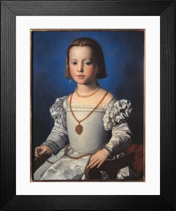 Framed Print : Portrait of Bia de Medici, by Angelo (or Agnolo) Allori known as Bronzino, 1542, 16th Century, oil on panel, - Italy, Tuscany, Florence, Uffizi Gallery. All