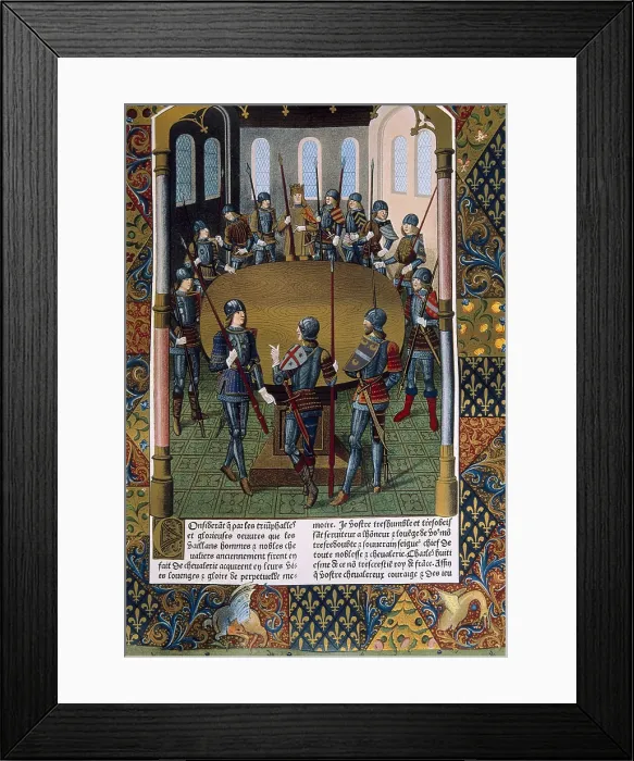 Framed Print : King Arthur and the Knight of the Round Table. Miniature painting by Maitre Jacques de Besanon of the book 'Lancelot du Lac', by Antoine Verard (1494), fol.3 o A2