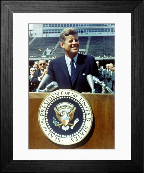 Framed Print : President Kennedy speaking at Rice University football field. Sept. 9, 1962. He called for no strife, no prejudice, no national conflict in outer space'. Sept. 9, 1962 Framed Print : President Kennedy speaking at Rice University football field. Sept. 9, 1962. He called for no strife, no prejudice, no national conflict in outer space'. Sept. 9, 1962