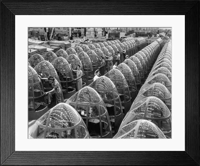 Framed Print : Factory lights reflected in the noses of planes at Douglas Aircraft's Long Beach, California plant. Women workers clean transparent noses for A-20 attack bombers. Oct. 1942 Framed Print : Factory lights reflected in the noses of planes at Douglas Aircraft's Long Beach, California plant. Women workers clean transparent noses for A-20 attack bombers. Oct. 1942
