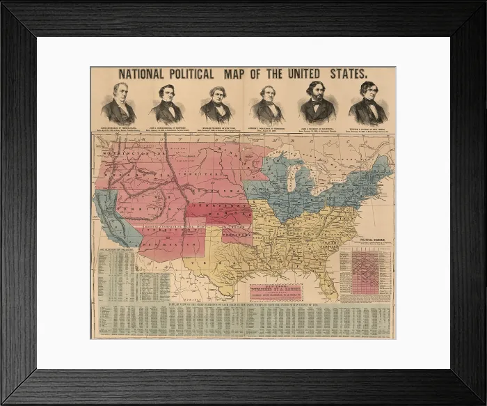 Framed Print : Election year map of the US with portraits the Presidential and Vice-Presidential candidates, 1856