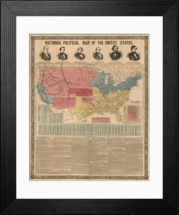 Framed Print : Election year map of the US with portraits of the Presidential and Vice-Presidential candidates, 1856 Framed Print : Election year map of the US with portraits of the Presidential and Vice-Presidential candidates, 1856