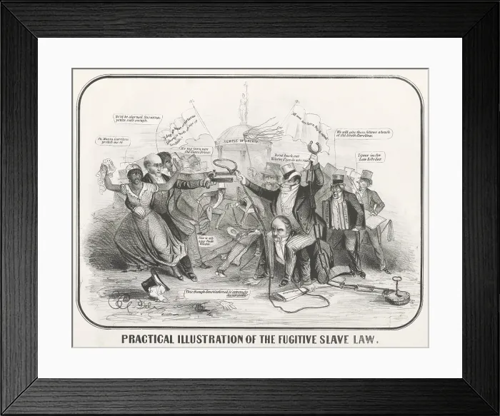 Framed Print : PRACTICAL ILLUSTRATION OF THE FUGITIVE SLAVE LAW, satirical political cartoon, 1851. It depicts abolitionist William Lloyd Garrison protecting the fugitive slave Susanna