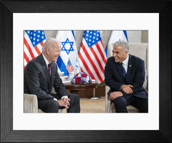 Framed Print : President Joe Biden and Israeli Prime Minister Yair Lapid pose for photographers against a backdrop of American and Israeli flags in Jerusalem, July 14, 2022. (BSLOC_2022_6_29) Framed Print : President Joe Biden and Israeli Prime Minister Yair Lapid pose for photographers against a backdrop of American and Israeli flags in Jerusalem, July 14, 2022. (BSLOC_2022_6_29)