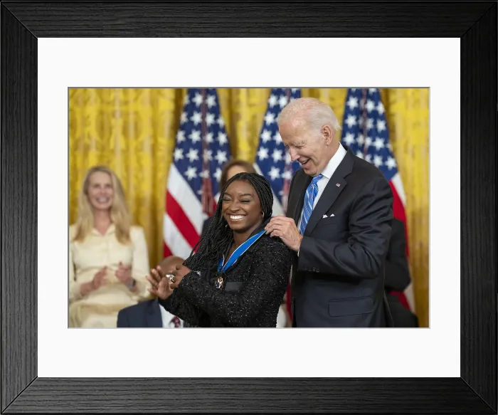 Framed Print : President Joe Biden presents the Medal of Freedom to artistic gymnast Simon Biles, July 7, 2022 Framed Print : President Joe Biden presents the Medal of Freedom to artistic gymnast Simon Biles, July 7, 2022
