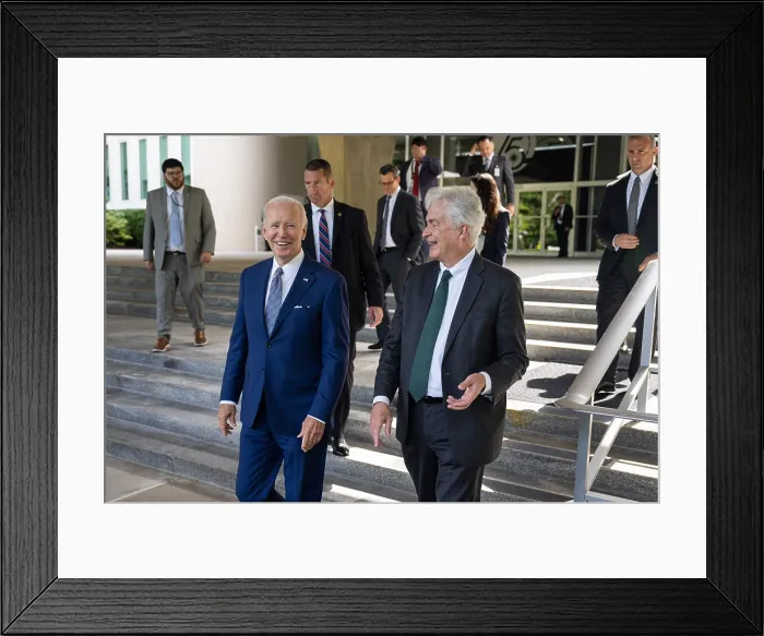 Framed Print : President Joe Biden and CIA Director, William Burns, leave the CIA Headquarters in McLean, Virginia, July 8, 2022, en route to the White House Framed Print : President Joe Biden and CIA Director, William Burns, leave the CIA Headquarters in McLean, Virginia, July 8, 2022, en route to the White House