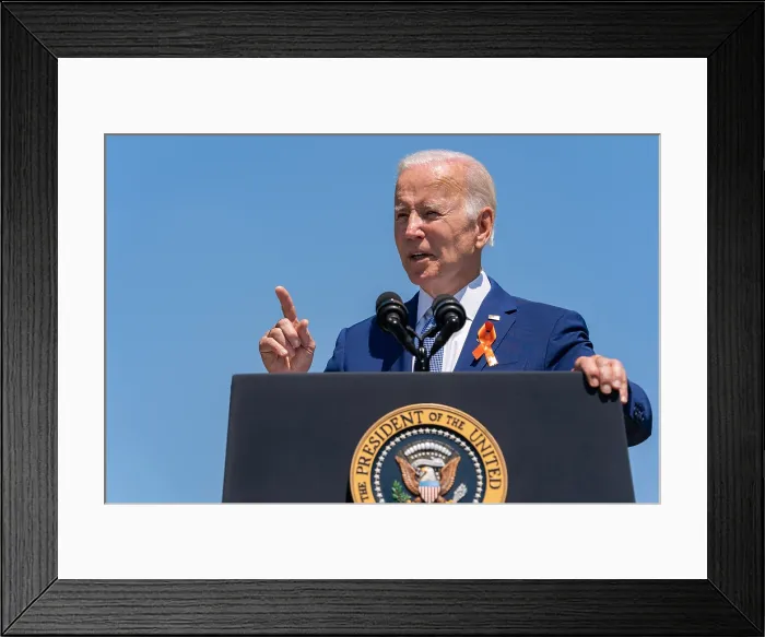 Framed Print : President Joe Biden, wears an orange ribbon symbolizing gun violence awareness, before celebrating the passage of the Bipartisan Safer Communities Act, July 11, 2022 Framed Print : President Joe Biden, wears an orange ribbon symbolizing gun violence awareness, before celebrating the passage of the Bipartisan Safer Communities Act, July 11, 2022