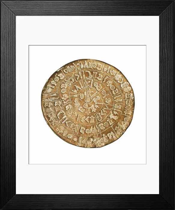 Framed Print : Phaistos Disc. s.XV BC. GREECE. Phaistos. A side. Minoan art  /  Cretan art. GREECE. Iraklion. Archaeological Museum. - Iberfoto / Everett Collection (589206)**US SALES ONLY**