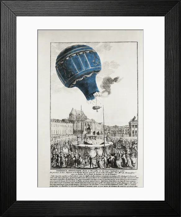 Framed Print : Montgolfier brothers. Trying a balloon boarded by a duck, a chicken and a sheep in the courtyard of the Palace of Versailles, in the presence of Louis XVI. 19th September, 1873