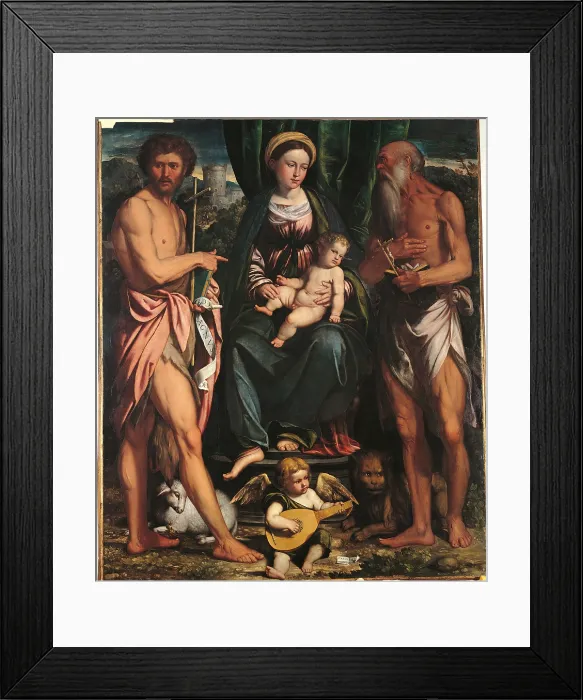 Framed Print : Madonna and Child with St John the Baptist and St Hieronymus, by Calisto Piazza, 16th Century, - Italy, Lombardy, Milan, Brera art gallery. All