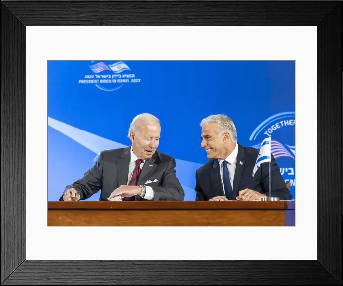 Framed Print : President Joe Biden and Israeli Prime Minister Yair Lapid sign The Jerusalem US - Israel Strategic Partnership Joint Declaration, July 14, 2022