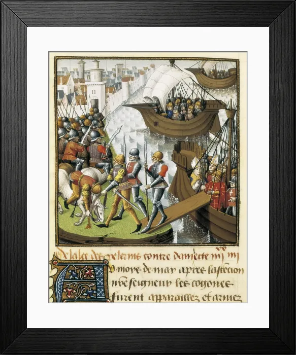 Framed Print : VINCENT of BEAUVAIS (1190-1264). Speculum historiale. ca. 1460. Seventh Crusade. The Crusaders fleet disembarking in Damietta in 1249. Fol