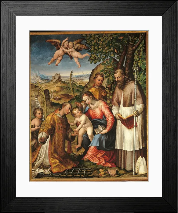 Framed Print : Madonna and the Child with St Lawrence, St Stephen, St John the Baptist and St Ubald, by Unknown Artist, 1500 - 1550, 16th Century, - Italy, Lombardy, Milan Framed Print : Madonna and the Child with St Lawrence, St Stephen, St John the Baptist and St Ubald, by Unknown Artist, 1500 - 1550, 16th Century, - Italy, Lombardy, Milan