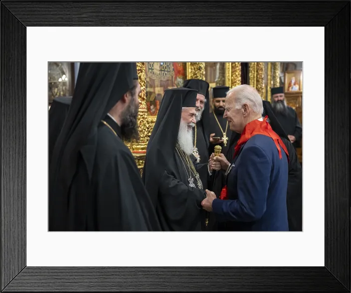 Framed Print : President Joe Biden visits the Grotto of the Manger, July 15, 2022, at the Church of the Nativity in Bethlehem, the site traditionally considered to be the birthplace of Jesus