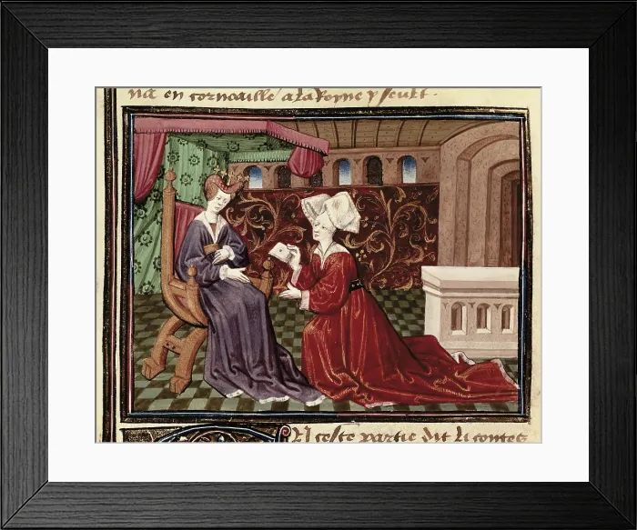 Framed Print : ESPINQUES, Everard de (15th c.). Romance of Tristan and Iseult. s.XV. A servant hands in a missage to Iseult. French school. Gothic art. Miniature Painting. FRANCE. Chantilly
