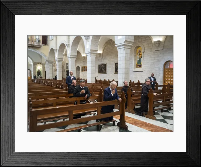 Framed Print : After praying in the grotto of the Church of the Nativity, President Joe Biden attended Catholic Mass at St. Catherine's Church, July 15, 2022 Framed Print : After praying in the grotto of the Church of the Nativity, President Joe Biden attended Catholic Mass at St. Catherine's Church, July 15, 2022