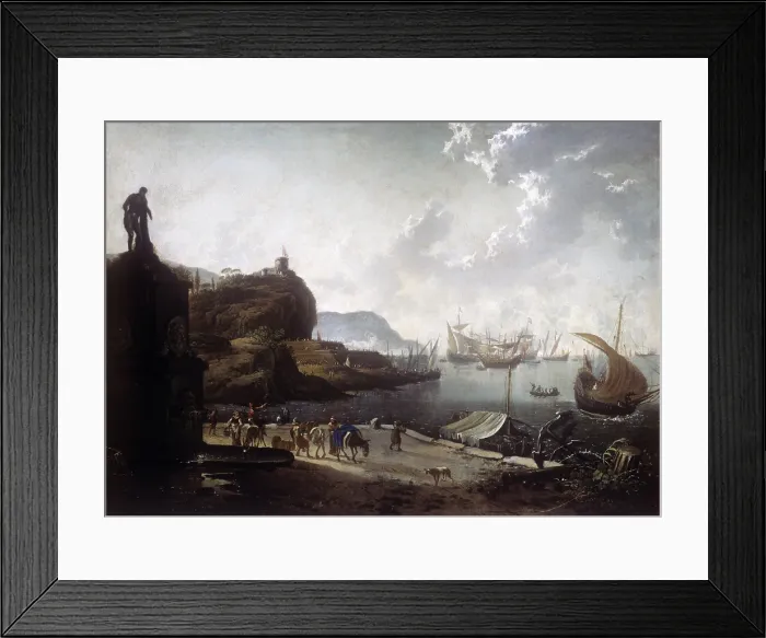 Framed Print : Sea Harbour, by Hans de Jode, 1657, 17th Century, canvas - Italy, Veneto, Verona, Museum of Castelvecchio. Whole artwork view. Landscape with sailing ships, people and statue