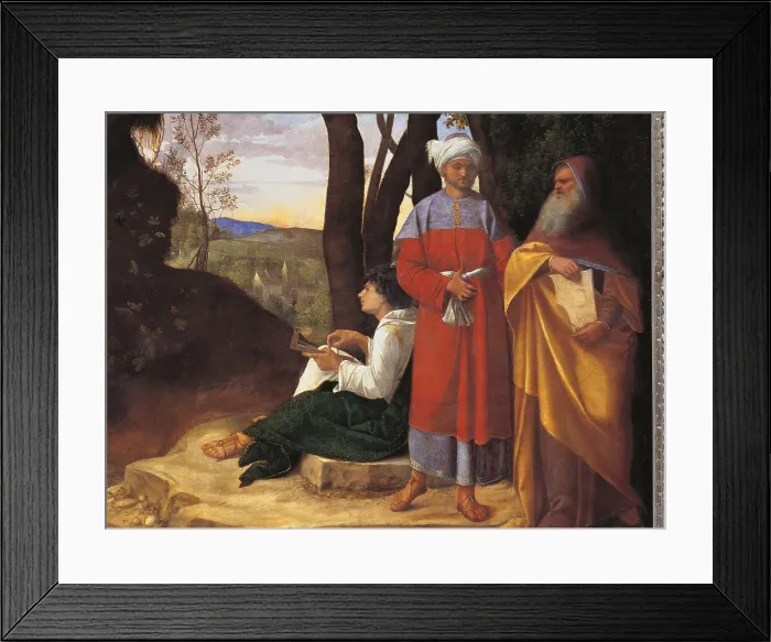 Framed Print : The Three Philosophers, by Giorgio da Castelfranco known as Giorgione, 1507 - 1510 about, 16th Century, oil on canvas, cm 123, 5 x 144, 5 - Austria, Wien, Kunsthistorisches Museum Framed Print : The Three Philosophers, by Giorgio da Castelfranco known as Giorgione, 1507 - 1510 about, 16th Century, oil on canvas, cm 123, 5 x 144, 5 - Austria, Wien, Kunsthistorisches Museum