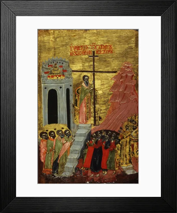 Framed Print : Raising of the Cross, attributed to Kostantin Jeromonaku, 17th century, tempera on wood - Albania, Tirana, Institute of Cultural Monuments. Whole artwork view. Icon