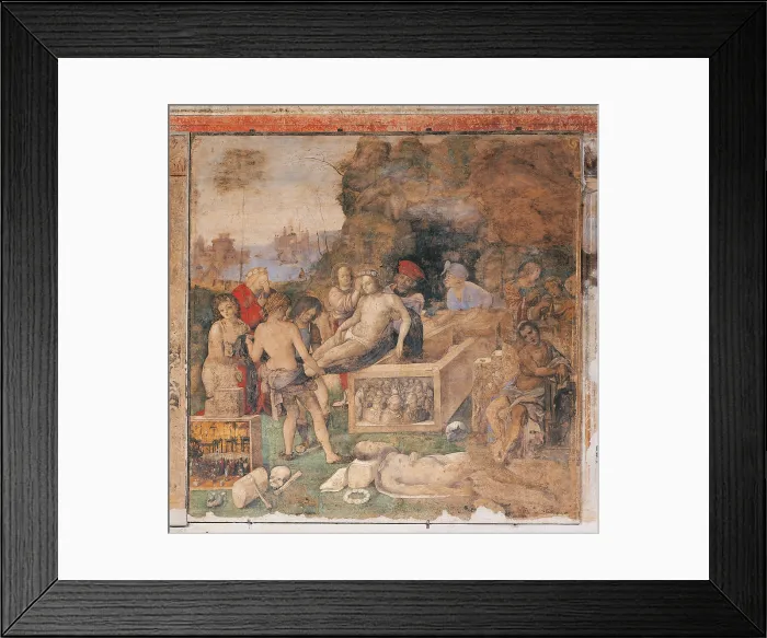Framed Print : Burial of Sts Valerian and Tiburtius, by Amico Aspertini, 1500 - 1550, 16th Century, fresco, - Italy, Emilia Romagna, Bologna, San Giacomo Maggiore Church, Santa Cecilia Oratory