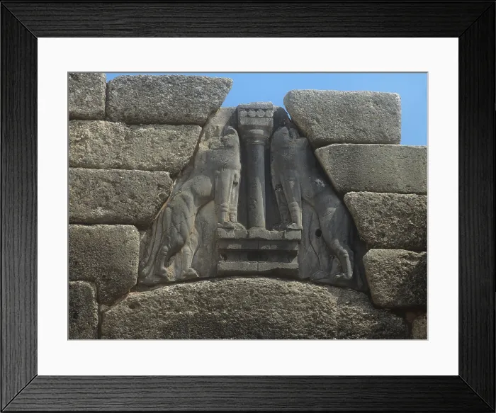 Framed Print : Lion Gate, 1250 b.C. 13th Century b.C. - Greece, Mycenae, the citadel. Detail with the low relief of two symmetrical lions on a pillar's sides