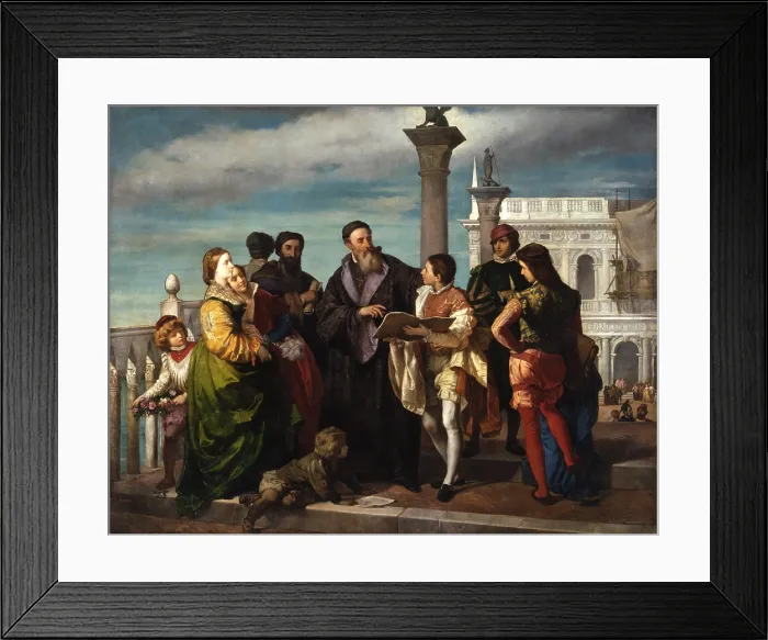 Framed Print : Titian meets the young Veronese on Ponte della Paglia, by Antonio Zona, 1857 - 1861, 19th Century, canvas - Italy, Veneto, Venice, Accademia Galleries. Whole artwork view Framed Print : Titian meets the young Veronese on Ponte della Paglia, by Antonio Zona, 1857 - 1861, 19th Century, canvas - Italy, Veneto, Venice, Accademia Galleries. Whole artwork view