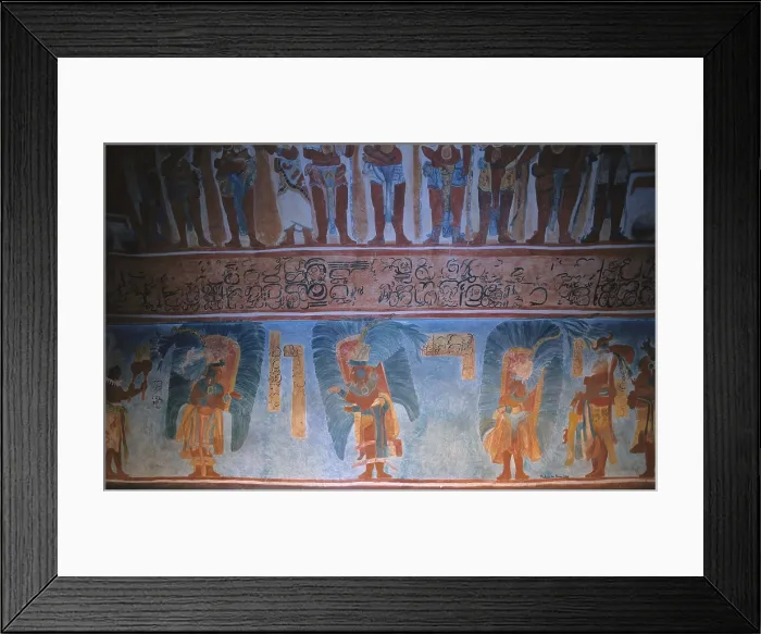 Framed Print : Replica of the Mayan wall paintings placed in Bonampak Temple in Chiapas. Late classical period (662-830). Scene with priests. Detail. Maya art. Painting. MEXICO. Mexico City