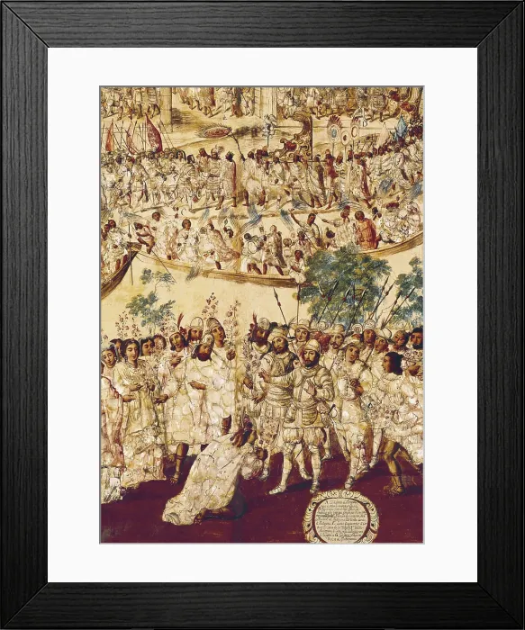 Framed Print : MONTEZUMA II (1467-1520). Aztec king (1502-1520).; GONZALEZ, Miguel (17th century); CORTeS, HernAn (1485-1547). Spanish conqueror of Mexico
