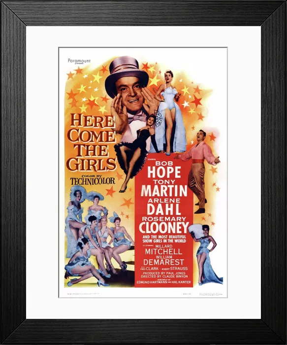Framed Print : HERE COME THE GIRLS, US poster art, top four: Bob Hope, Arlene Dahl, (dressed in black), Rosemary Clooney, Tony Martin, 1953