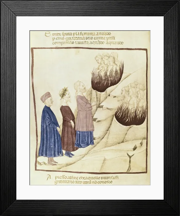 Framed Print : DANTE ALIGHIERI (1265-1321). The Divine Comedy. s.XIV. The Purgatory. Dante and Virgil before the lustful who walk through the flames. Gothic art. Miniature Painting. ITALY