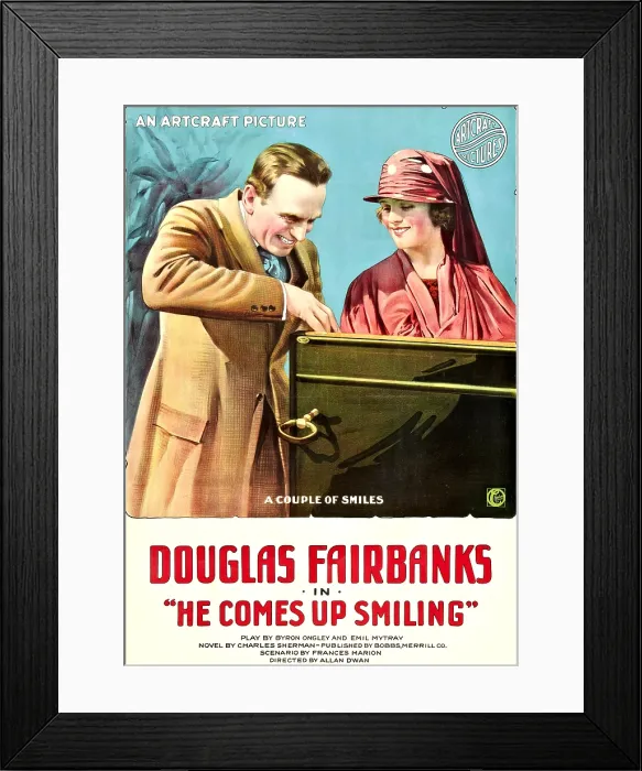 Framed Print : HE COMES UP SMILING, l-r: Douglas Fairbanks, Marjorie Daw on poster art, 1918