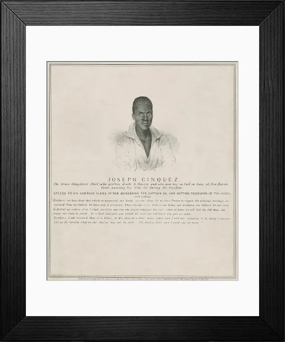 Framed Print : Portrait of Sengbe Pieh / Joseph Cinqu above a newspaper description of his ordeal