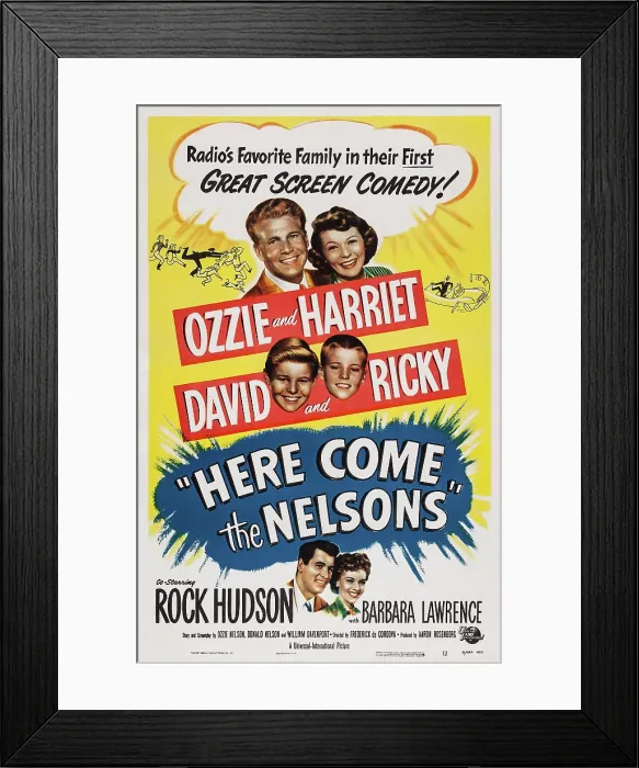 Framed Print : HERE COME THE NELSONS, (aka MEET THE NELSONS), top l-r: Ozzie Nelson, Harriet Nelson, center l-r: David Nelson, Ricky Nelson, bottom l-r: Rock Hudson