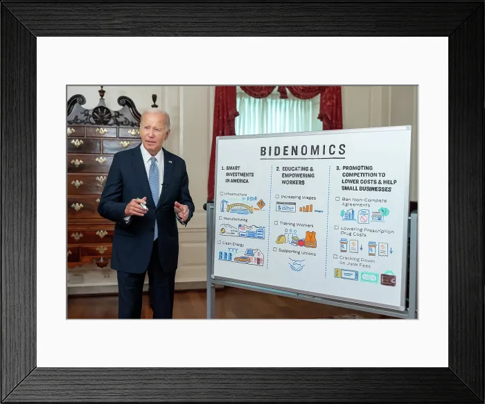 Framed Print : President Joe Biden records a digital video on Bidenomics, August 16, 2023, in the Map Room of the White House