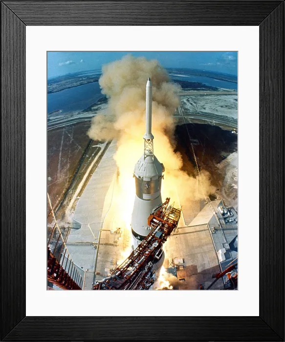 Framed Print : Moon launch. The liftoff of Apollo 11 on a Saturn V missile starts the Moon mission of astronauts Neil Armstrong, Michael Collins and Edwin Aldrin. July 16, 1969