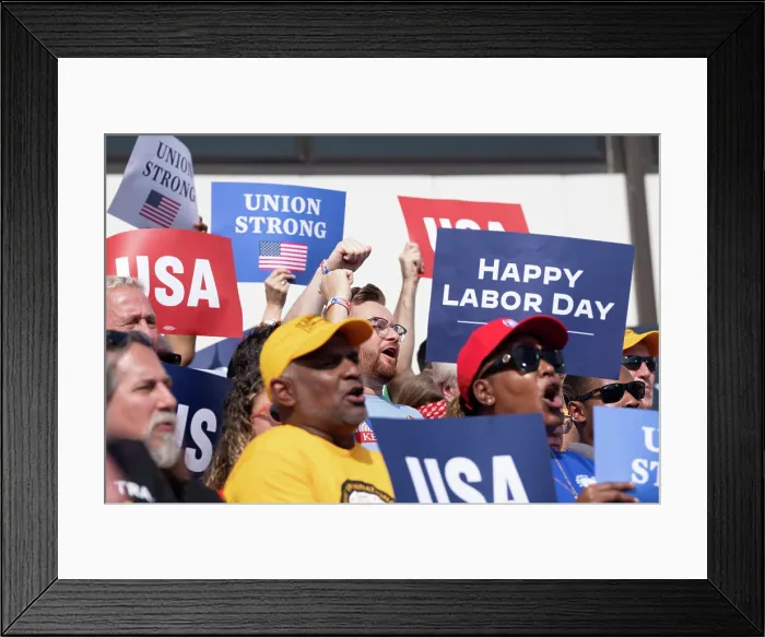 Framed Print : A Labor Day audience cheers President Joe Biden in Philadelphia, at Sheet Metal Local 19, Sept. 4, 2023. (BSLOC_2023_8_40)
