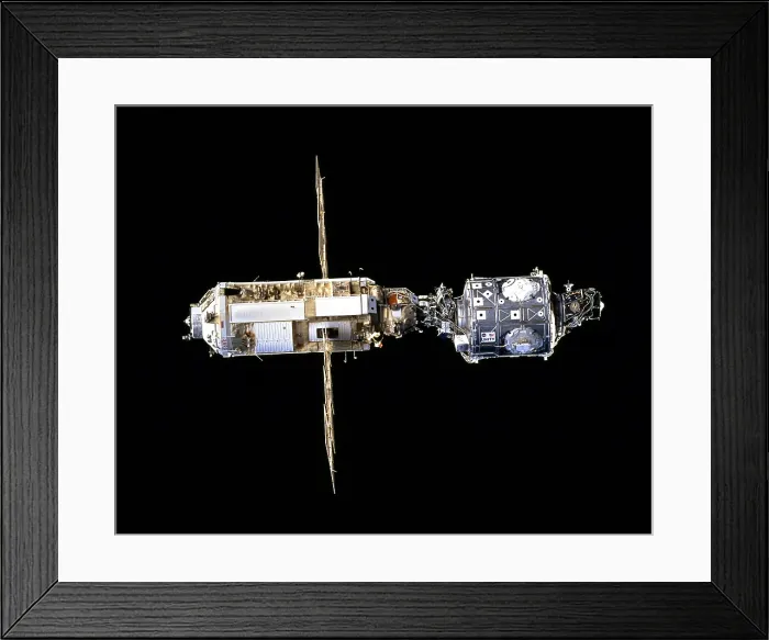 Framed Print : International Space Station in 1998. The Russian made Zarya (left) docked with the US made Unity Module form the first phase of the International Space Station Framed Print : International Space Station in 1998. The Russian made Zarya (left) docked with the US made Unity Module form the first phase of the International Space Station