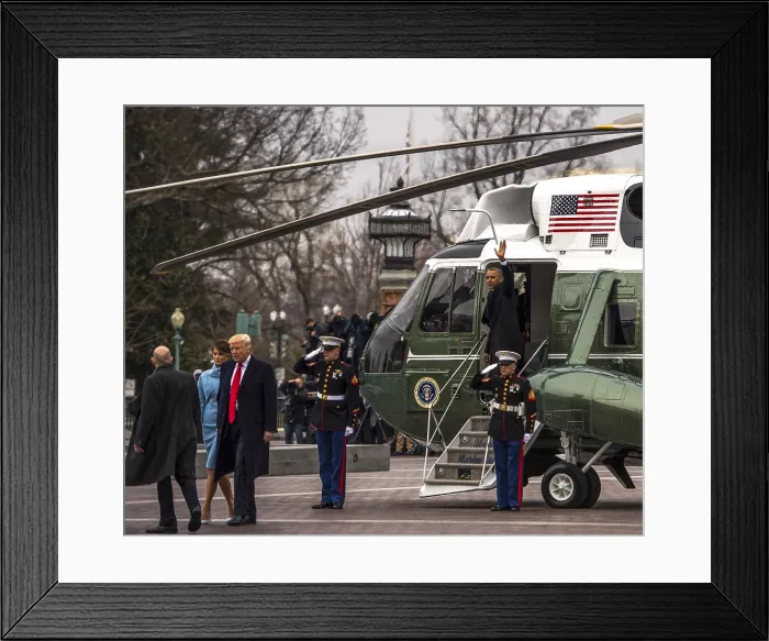 Framed Print : Inauguration of President Donald Trump, Jan. 20, 2017. President Barack Obama waves prior to departing the Capitol after the inauguration of his successor Framed Print : Inauguration of President Donald Trump, Jan. 20, 2017. President Barack Obama waves prior to departing the Capitol after the inauguration of his successor