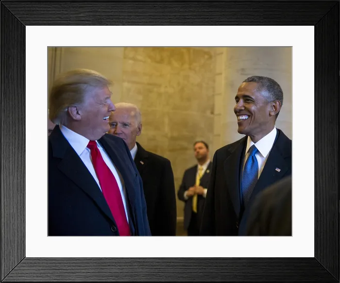 Framed Print : Inauguration of President Donald Trump, Jan. 20, 2017. Presidents Donald Trump and Barack Obama smile at one another before departure ceremony for the outgoing Obama Framed Print : Inauguration of President Donald Trump, Jan. 20, 2017. Presidents Donald Trump and Barack Obama smile at one another before departure ceremony for the outgoing Obama