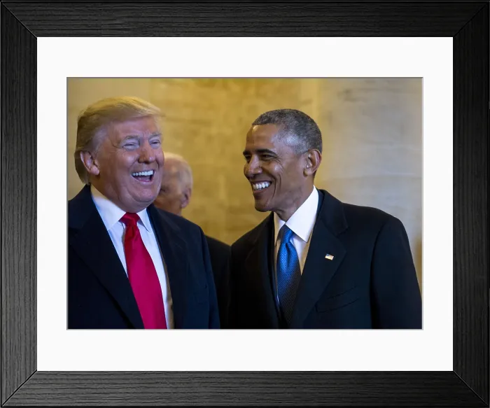 Framed Print : Inauguration of President Donald Trump, Jan. 20, 2017. Presidents Donald Trump and Barack Obama laugh together before departure ceremony for outgoing President Obama