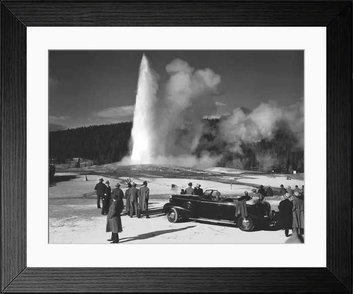 Framed Print : Franklin Roosevelt views Old Faithful at Yellowstone National Park. Sept. 25-26, 1937 (BSLOC_2013_5_131) Framed Print : Franklin Roosevelt views Old Faithful at Yellowstone National Park. Sept. 25-26, 1937 (BSLOC_2013_5_131)