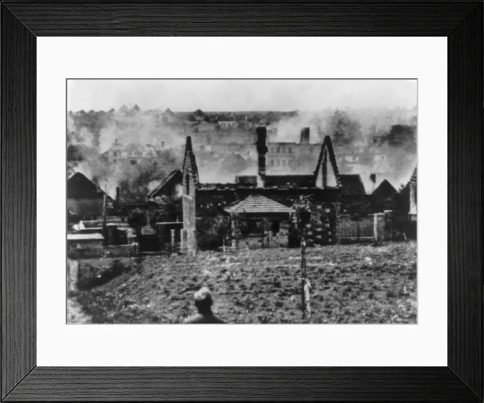 Framed Print : Lidice, Czechoslovakia in flames in June 1942, during World War 2