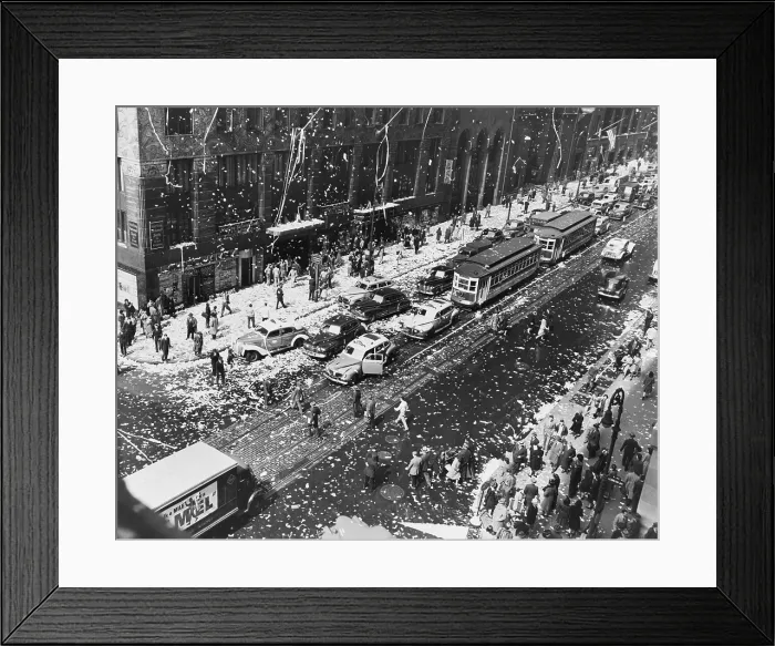 Framed Print : V-E Day celebration in New York City, May 7, 1945. Ticker tape and streamers rain down on 42nd St. and Lexington Ave. Victory in Europe Day, World War 2. (BSLOC_2014_8_106) Framed Print : V-E Day celebration in New York City, May 7, 1945. Ticker tape and streamers rain down on 42nd St. and Lexington Ave. Victory in Europe Day, World War 2. (BSLOC_2014_8_106)