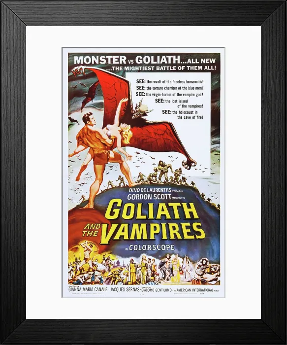 Framed Print : GOLIATH AND THE VAMPIRES, (aka MACISTE CONTRO IL VAMPIRO), US poster art, left: Gordon Scott, 1961 Framed Print : GOLIATH AND THE VAMPIRES, (aka MACISTE CONTRO IL VAMPIRO), US poster art, left: Gordon Scott, 1961