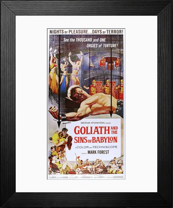 Framed Print : GOLIATH AND THE SINS OF BABYLON, (aka MACISTE, L'EROE PIU GRANDE DEL MONDO), US poster art, Mark Forest, 1963
